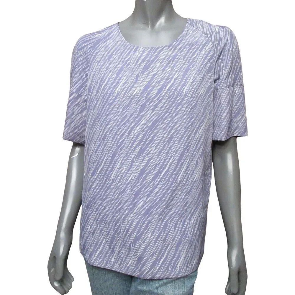 Simply Vera Wang Womens Top Purple White Print Short Sleeve Pleated Pullover XS